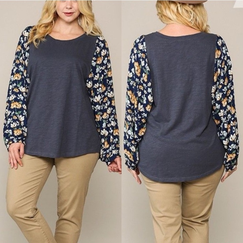GiGiO Floral Sleeve Rounded Hem Pullover Top XL Blue Green and tan/mustard.